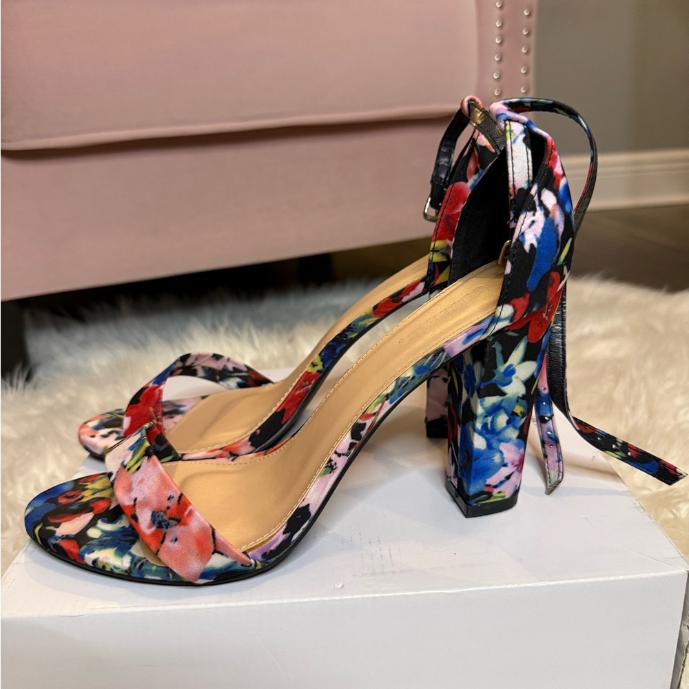 JustFab Floral Block Heel Ankle Tie Sandals - Multicolor Print